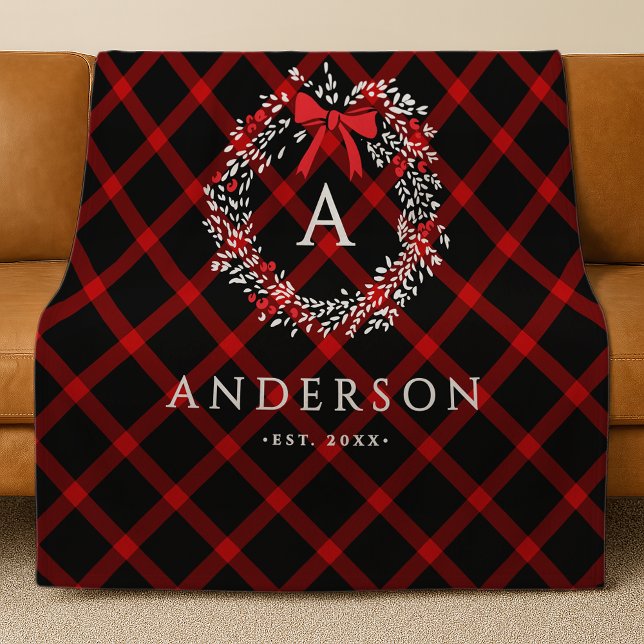 Personalised Rustic Holiday Wreath Buffalo Plaid Fleece Blanket (Creator Uploaded)