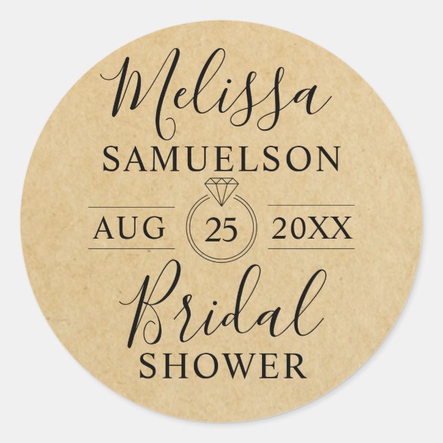 Personalised Rustic Kraft Paper Ring Bridal Shower Classic Round Sticker (Front)