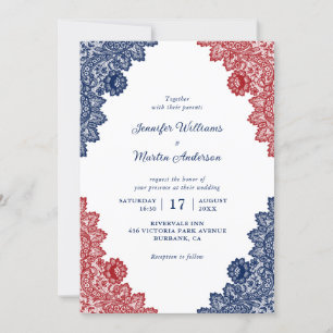 Personalised Rustic Lace Navy Blue and Red Wedding Invitation