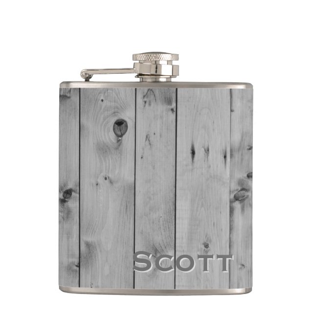 Personalised | Rustic Masculine Grey Wood Look Hip Flask (Front)