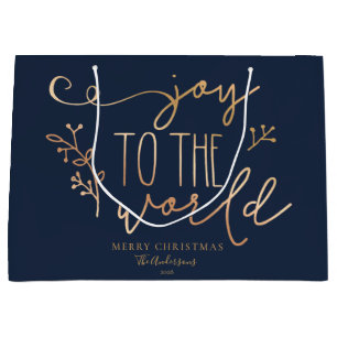 Personalised Rustic Merry Christmas Navy Blue Gold Large Gift Bag