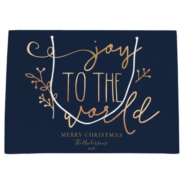 Personalised Rustic Merry Christmas Navy Blue Gold Large Gift Bag (Front)