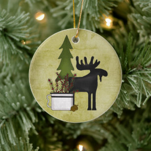 Personalised Rustic Mountain Country Moose Holiday Ceramic Tree Decoration