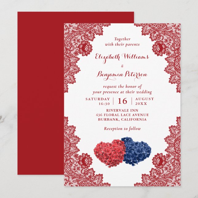 Personalised Rustic Navy Blue Red Floral Wedding Invitation (Front/Back)
