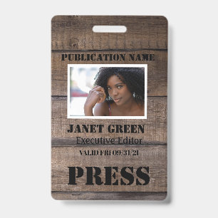 Personalised Rustic Photo Journalist Pass Press ID Badge