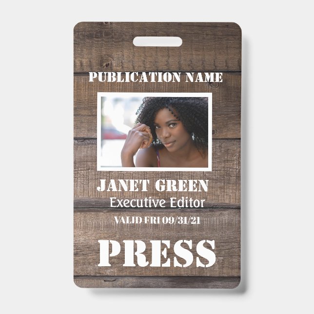 Personalised Rustic Photo Journalist  Press Pass ID Badge (Front)