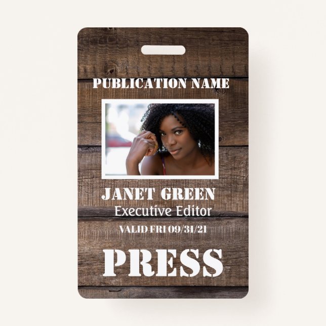 Personalised Rustic Photo Journalist  Press Pass ID Badge (Front)