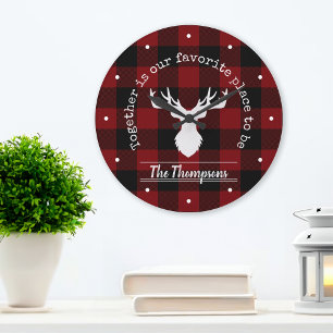 Personalised Rustic Red and Black Buffalo Plaid Large Clock