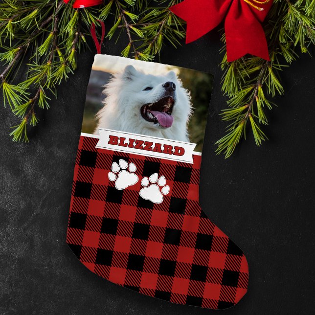 Personalised Rustic Red Buffalo Dog Name Photo Small Christmas Stocking (Creator Uploaded)