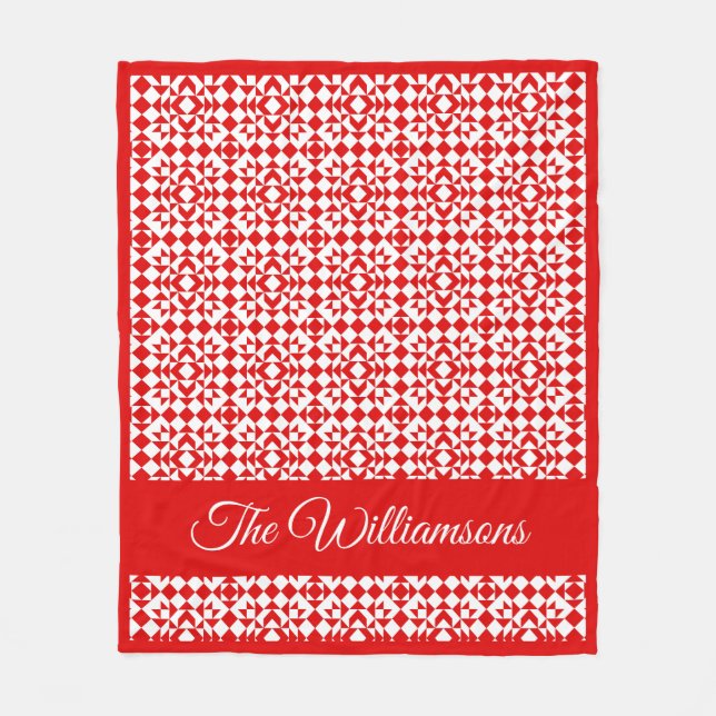 Personalised Rustic Red Christmas Geometric Quilt Fleece Blanket (Front)