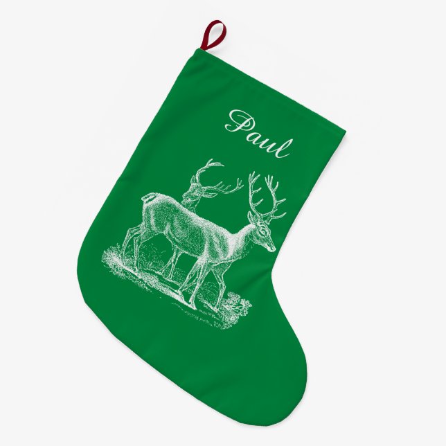 Personalised Rustic Reindeer Christmas Green Colou Large Christmas Stocking (Front (Hanging))