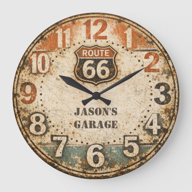 Personalised Rustic Route 66 Weathered Art Large Clock (Front)