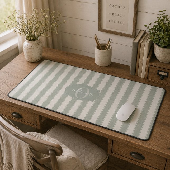 Personalised Rustic Sage Green Srtiped Desk Mat (Creator Uploaded)