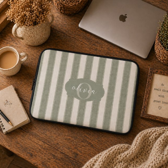 Personalised Rustic Sage Green Srtiped Laptop Sleeve (Creator Uploaded)