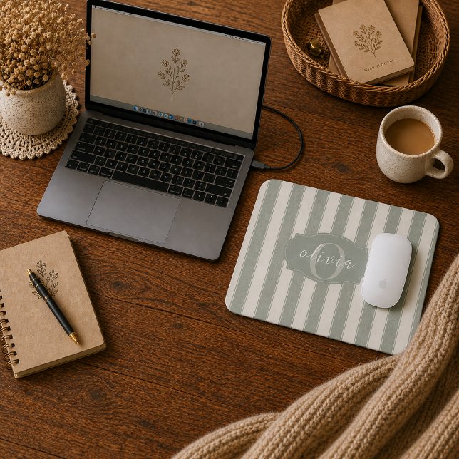 Personalised Rustic Sage Green Srtiped Mouse Mat (Creator Uploaded)