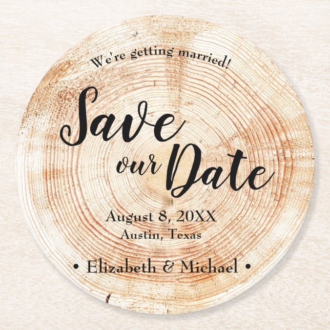 Personalised Rustic Save our date Printed Wood Round Paper Coaster (Front)