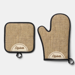 Personalised Rustic Simulated Burlap Oven Mitt & Pot Holder Set