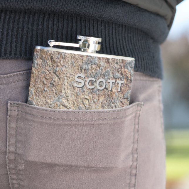 Personalised Rustic | Slate Rock Stone Add Name Hip Flask (In Situ)