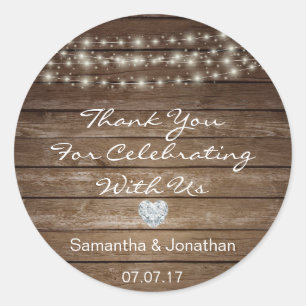 Personalised Rustic String Lights Wood Wedding Classic Round Sticker