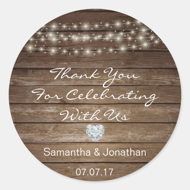 Personalised Rustic String Lights Wood Wedding Classic Round Sticker (Front)