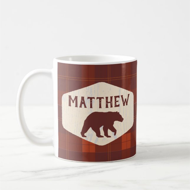 Personalised Rustic Style Plaid Bear Coffee Mug (Left)