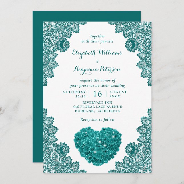 Personalised Rustic Teal Lace Hydrangea Wedding Invitation (Front/Back)