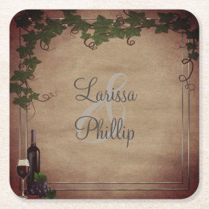 Personalised Rustic Vineyard Wedding Square Paper Coaster