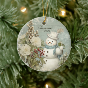 Personalised Rustic Vintage Snowman Christmas Ceramic Tree Decoration