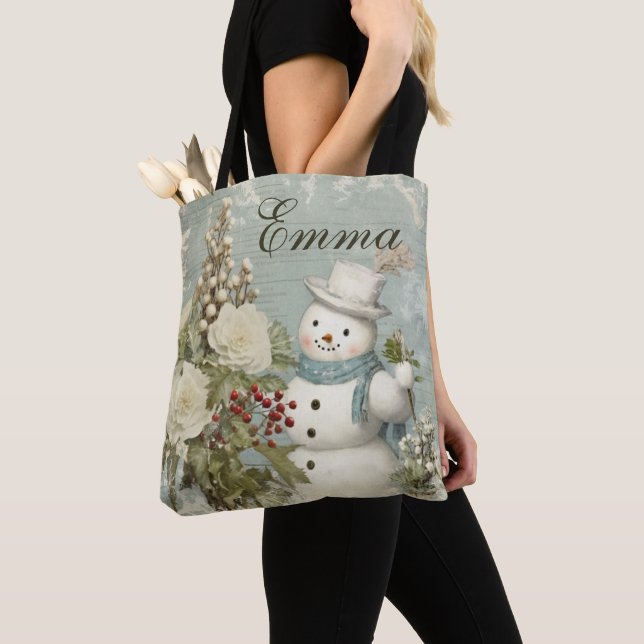 Personalised Rustic Vintage Snowman Christmas Tote Bag (Close Up)