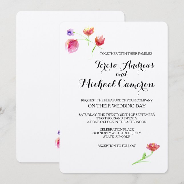 Personalised, Rustic, Watercolor flower, Wedding Invitation (Front/Back)