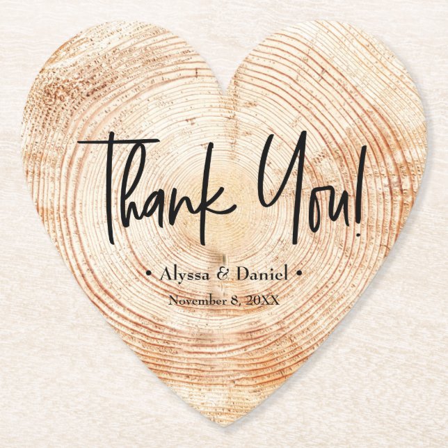 Personalised Rustic Wedding Wood Disc Thank you Paper Coaster (Front)