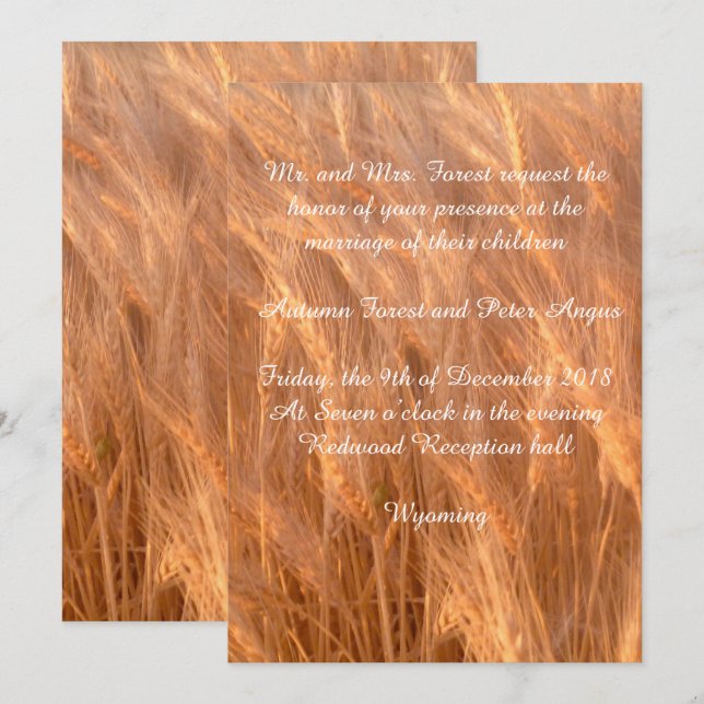 Personalised rustic, wheat, wedding invitation (Front/Back)