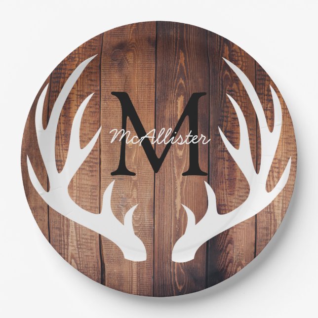 Personalised - Rustic White Deer Antlers Barn Wood Paper Plate (Front)