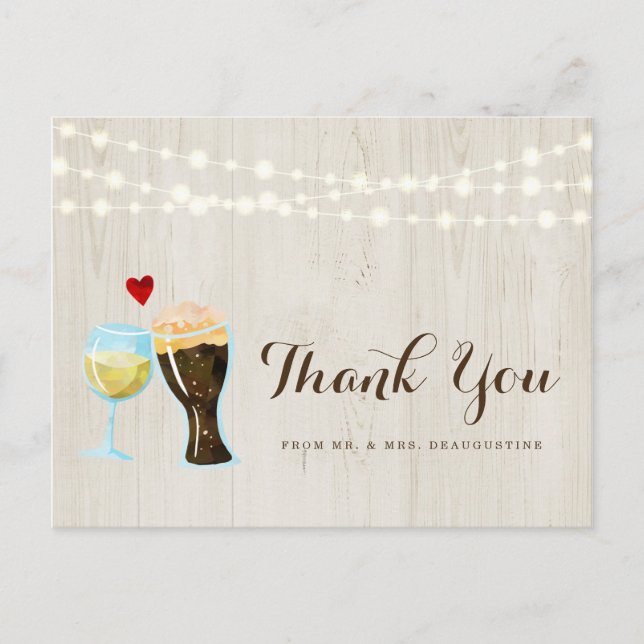 Personalised Rustic Wine & Beer Wedding Thank You Postcard (Front)