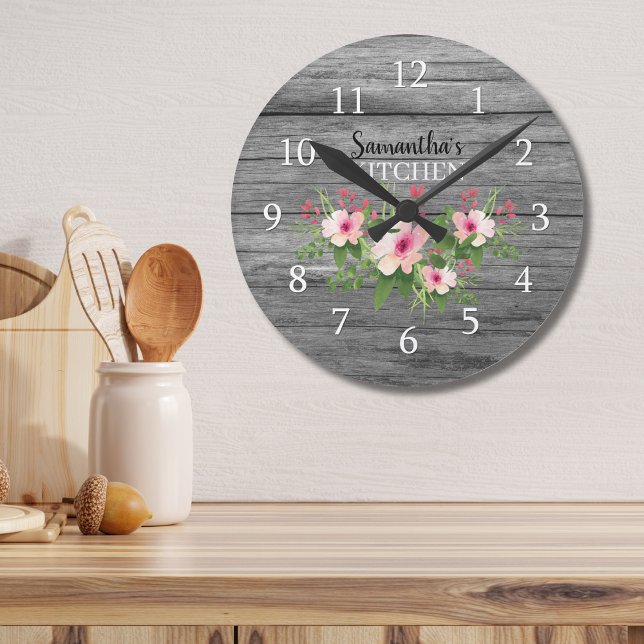Personalised Rustic Wood And Pink Floral Kitchen Round Clock (Creator Uploaded)