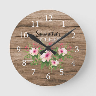 Personalised Rustic Wood And Pink Floral Kitchen Round Clock