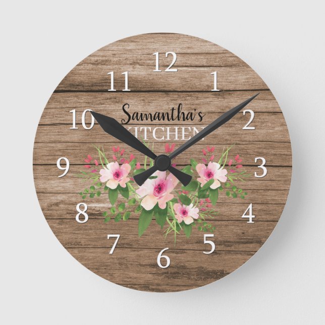 Personalised Rustic Wood And Pink Floral Kitchen Round Clock (Front)