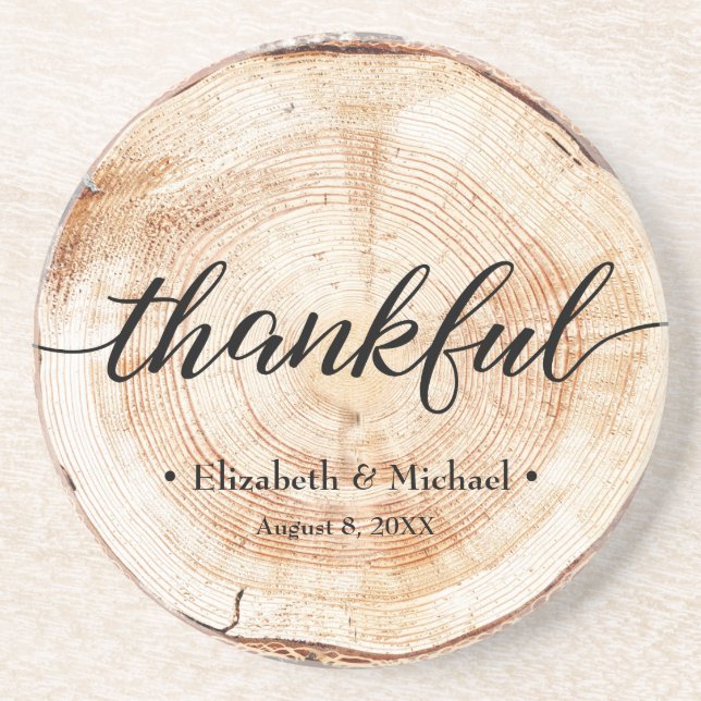 Personalised Rustic Wood Disc Thankful Wedding Coaster (Front)