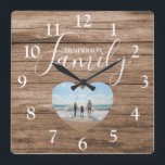 Personalised Rustic Wood Effect | Heart Photo Square Wall Clock<br><div class="desc">This stylish family photo clock is the perfect gift forchristmas,  birthday,  wedding,  baby shower and more. The clock features a rustic wood effect background,  Text  which reads 'HENDERSON FAMILY',  and a heart shaped photo. The text font style can be changed by clicking on the customise further link after personalising.</div>