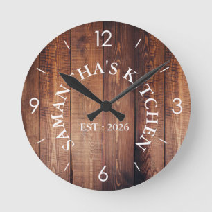 Personalised Rustic Wood Farmhouse Kitchen Round  Round Clock