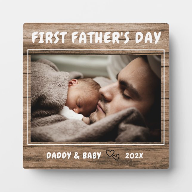 Personalised Rustic Wood First Father's Day Photo  Plaque (Front)