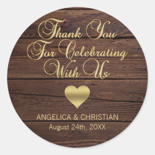 Personalised RUSTIC Wood Gold Heart Wedding Classic Round Sticker