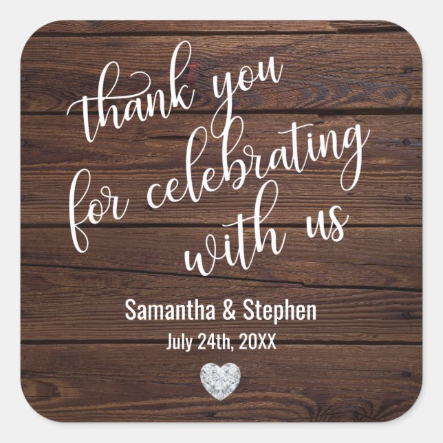Personalised Rustic Wood Heart Thank You Wedding Square Sticker (Front)