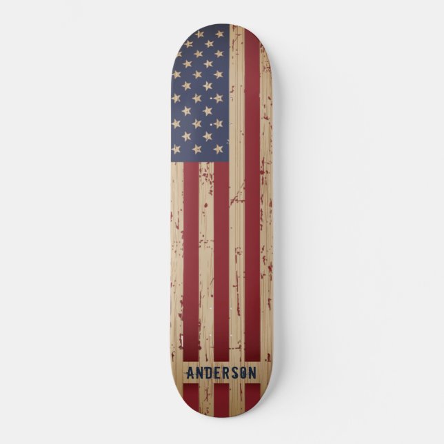 Personalised Rustic Wood Patriotic American Flag Skateboard (Front)