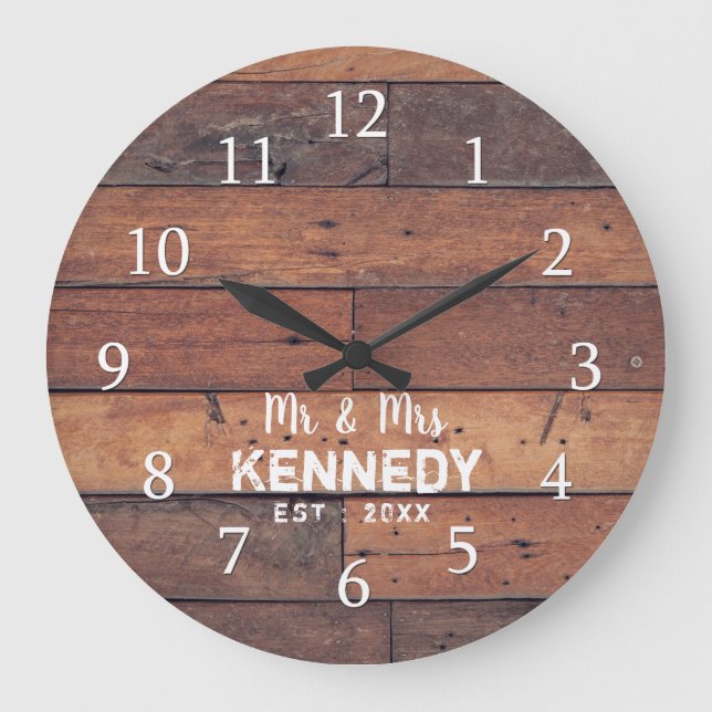 Personalised Rustic Wood Plank Farmhouse Mr & Mrs Large Clock (Front)
