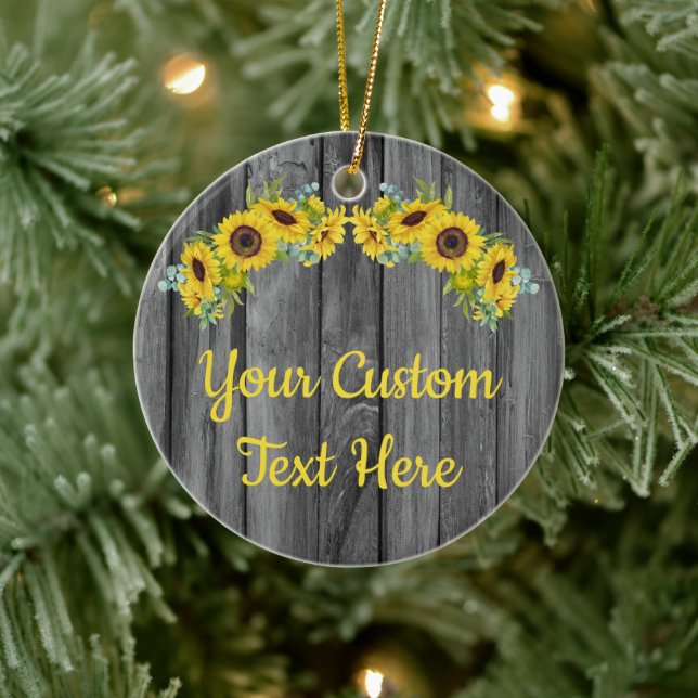 Personalised Rustic Wood Sunflower Custom Text Cer Ceramic Tree Decoration (Tree)