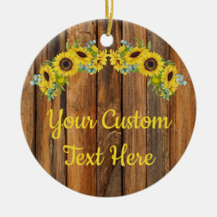 Personalised Rustic Wood Sunflower Custom Text Ceramic Tree Decoration
