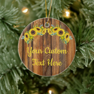 Personalised Rustic Wood Sunflower Custom Text Ceramic Tree Decoration