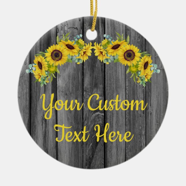 Personalised Rustic Wood Sunflower Custom Text Ceramic Tree Decoration (Front)