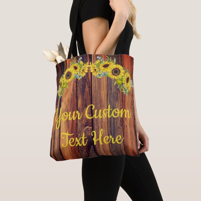 Personalised Rustic Wood Sunflower Greenery Custom Tote Bag (Close Up)